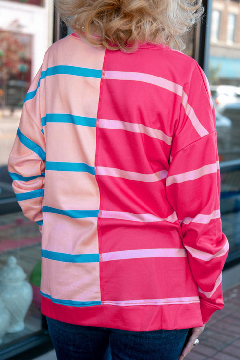 Stripe Patchwork Crewneck Plus Size Long Sleeve Top