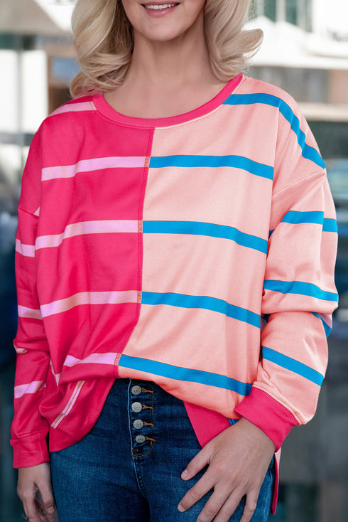 Stripe Patchwork Crewneck Plus Size Long Sleeve Top