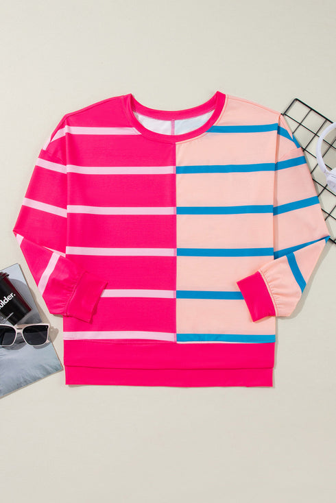 Stripe Patchwork Crewneck Plus Size Long Sleeve Top