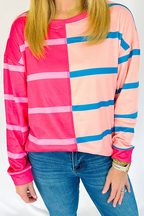 Stripe Patchwork Crewneck Plus Size Long Sleeve Top