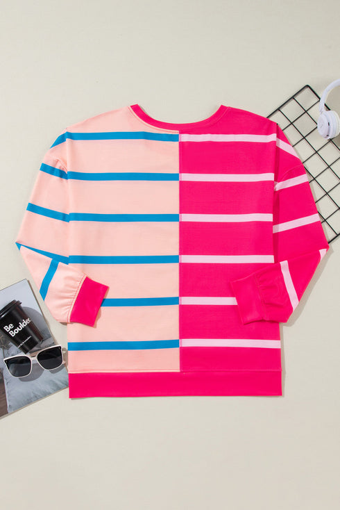 Stripe Patchwork Crewneck Plus Size Long Sleeve Top