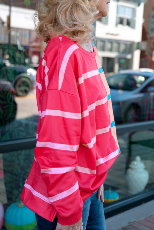Stripe Patchwork Crewneck Plus Size Long Sleeve Top