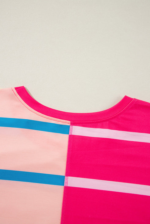 Stripe Patchwork Crewneck Plus Size Long Sleeve Top