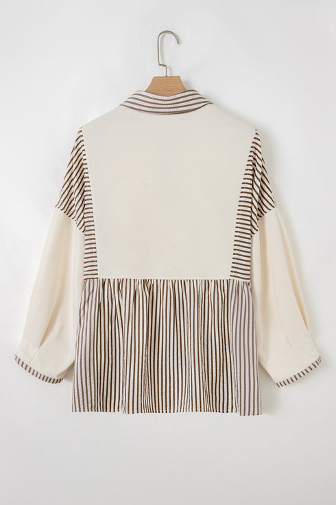 Stripe Patchwork Half Button Long Sleeve Peplum Blouse