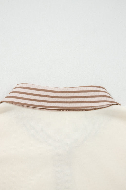 Stripe Patchwork Half Button Long Sleeve Peplum Blouse