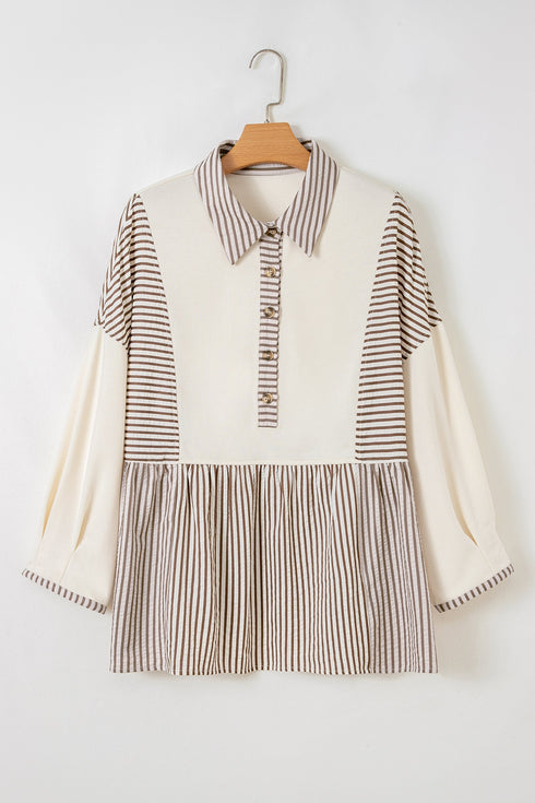 Stripe Patchwork Half Button Long Sleeve Peplum Blouse
