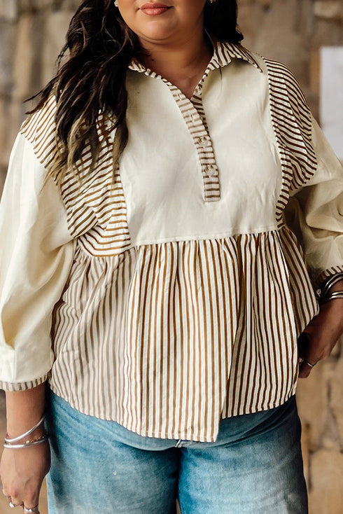 Stripe Patchwork Half Button Long Sleeve Peplum Blouse