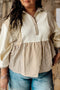Stripe Patchwork Half Button Long Sleeve Peplum Blouse