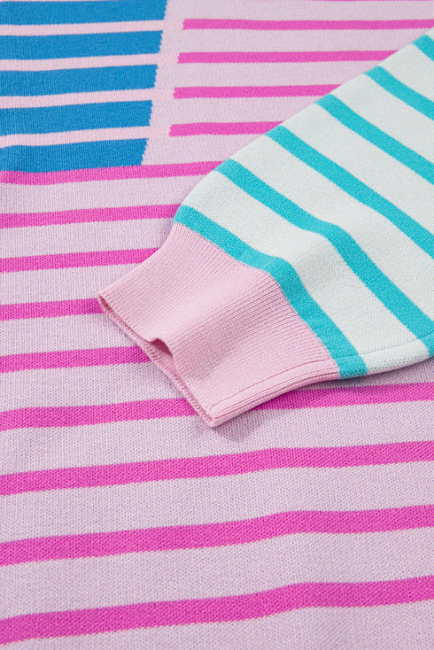 Stripe Patchwork Half Zip Plus Size Sweater