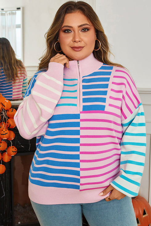 Stripe Patchwork Half Zip Plus Size Sweater