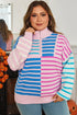 Stripe Patchwork Half Zip Plus Size Sweater