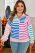 Stripe Patchwork Half Zip Plus Size Sweater