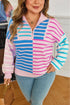 Stripe Patchwork Half Zip Plus Size Sweater