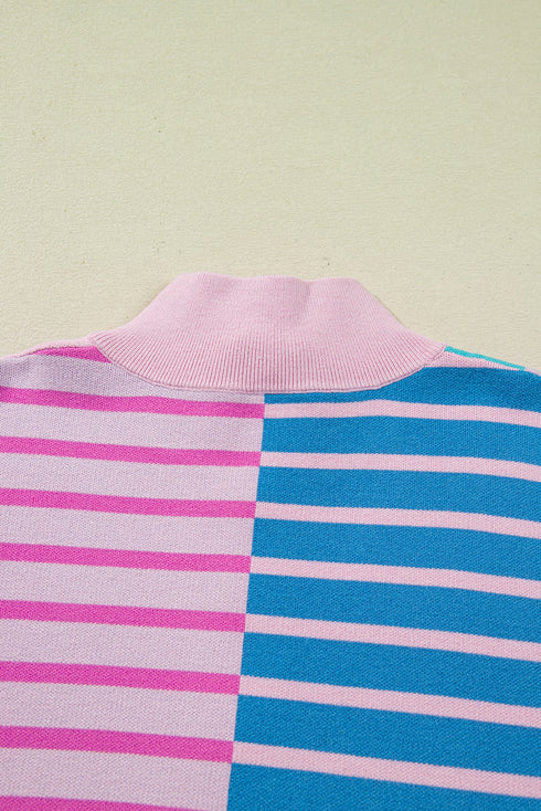 Stripe Patchwork Half Zip Plus Size Sweater