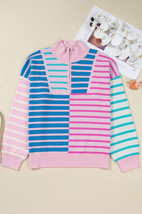 Stripe Patchwork Half Zip Plus Size Sweater