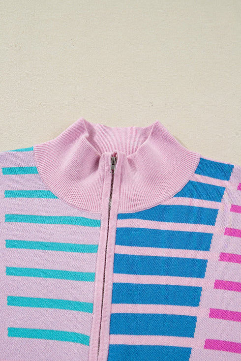Stripe Patchwork Half Zip Plus Size Sweater