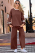 Stripe Patchwork Puff Sleeve Drawstring Wide Leg Pant Set