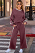 Stripe Patchwork Puff Sleeve Drawstring Wide Leg Pant Set