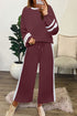 Stripe Patchwork Puff Sleeve Drawstring Wide Leg Pant Set