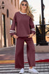 Stripe Patchwork Puff Sleeve Drawstring Wide Leg Pant Set