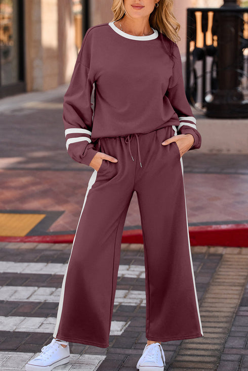 Stripe Patchwork Puff Sleeve Drawstring Wide Leg Pant Set