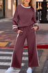 Stripe Patchwork Puff Sleeve Drawstring Wide Leg Pant Set