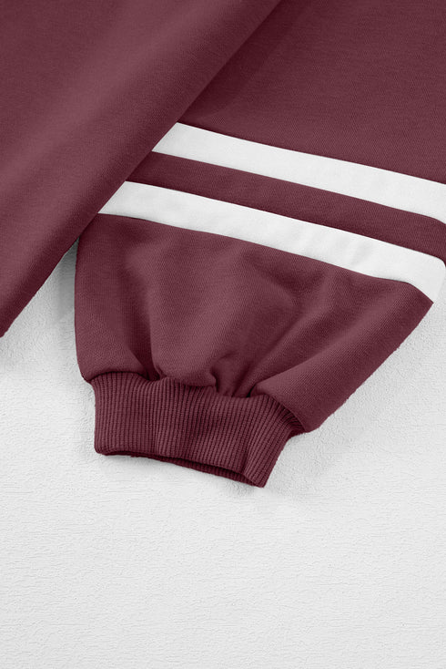Stripe Patchwork Puff Sleeve Drawstring Wide Leg Pant Set