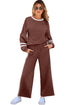 Stripe Patchwork Puff Sleeve Drawstring Wide Leg Pant Set