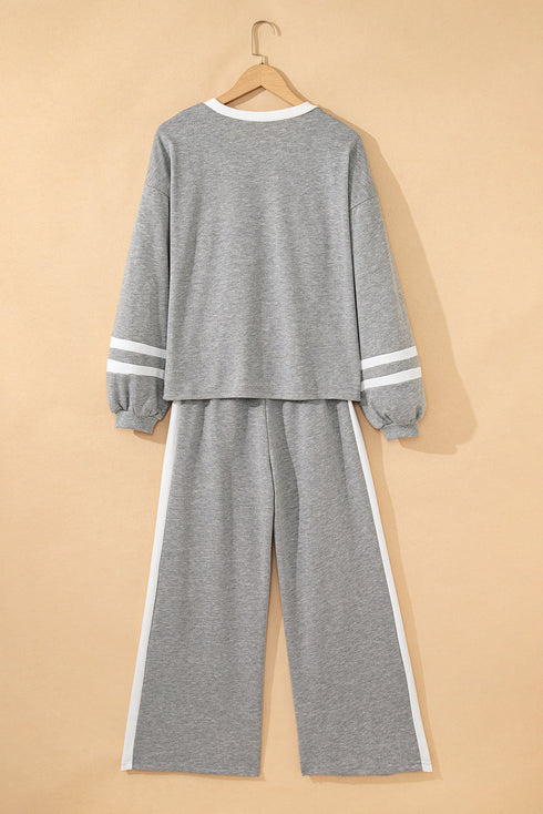 Stripe Patchwork Puff Sleeve Drawstring Wide Leg Pant Set
