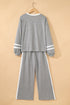 Stripe Patchwork Puff Sleeve Drawstring Wide Leg Pant Set
