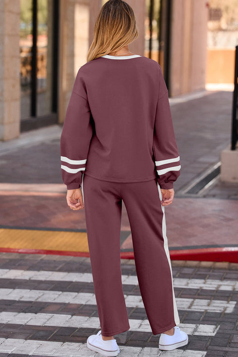 Stripe Patchwork Puff Sleeve Drawstring Wide Leg Pant Set