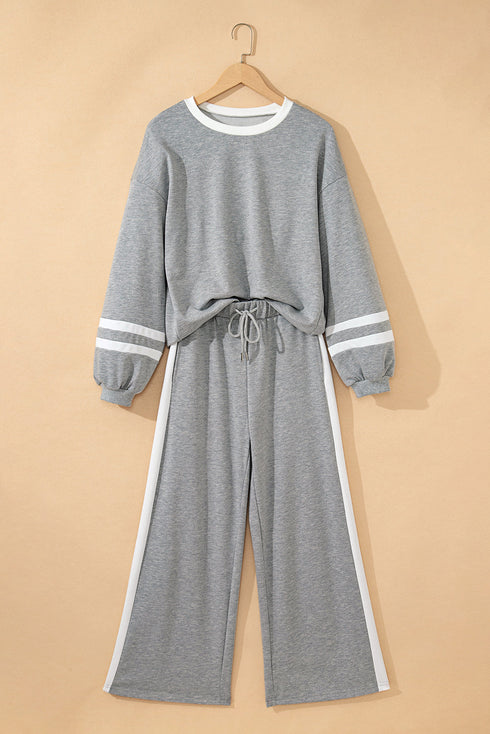 Stripe Patchwork Puff Sleeve Drawstring Wide Leg Pant Set