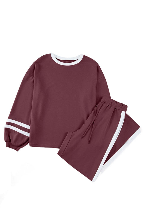 Stripe Patchwork Puff Sleeve Drawstring Wide Leg Pant Set