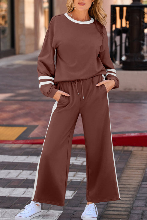 Stripe Patchwork Puff Sleeve Drawstring Wide Leg Pant Set