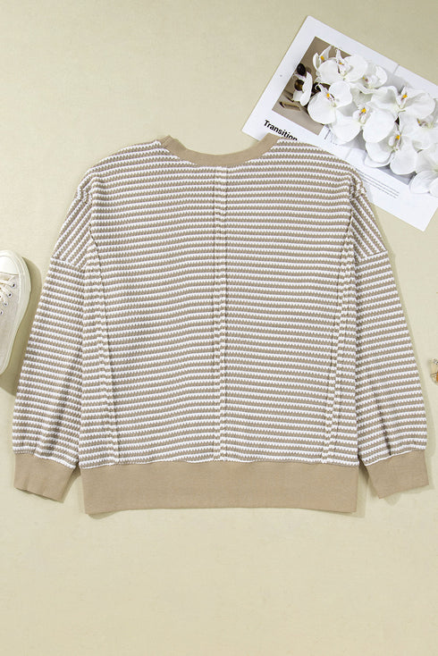 Stripe Patchwork Waffle Knit Ribbed Trim Long Sleeve Top