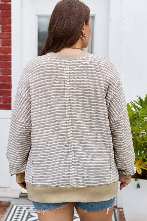 Stripe Patchwork Waffle Knit Ribbed Trim Long Sleeve Top