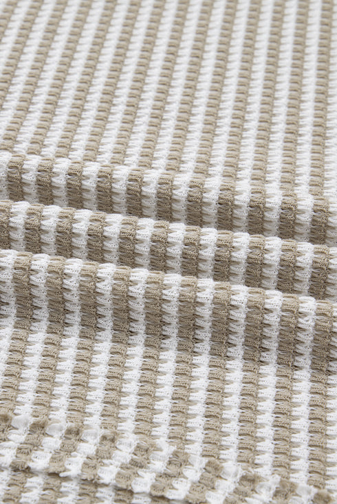 Stripe Patchwork Waffle Knit Ribbed Trim Long Sleeve Top