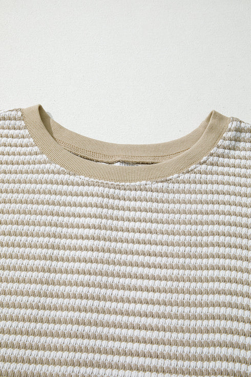 Stripe Patchwork Waffle Knit Ribbed Trim Long Sleeve Top