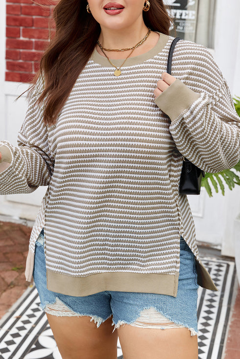 Stripe Patchwork Waffle Knit Ribbed Trim Long Sleeve Top