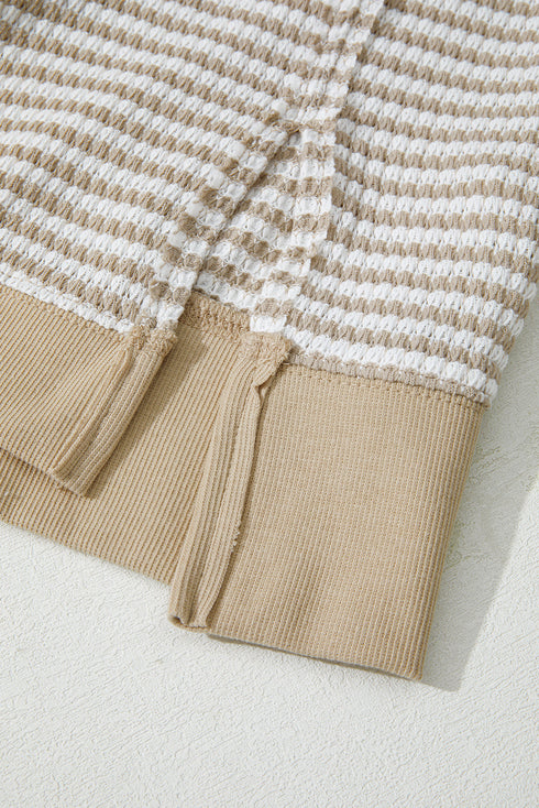 Stripe Patchwork Waffle Knit Ribbed Trim Long Sleeve Top