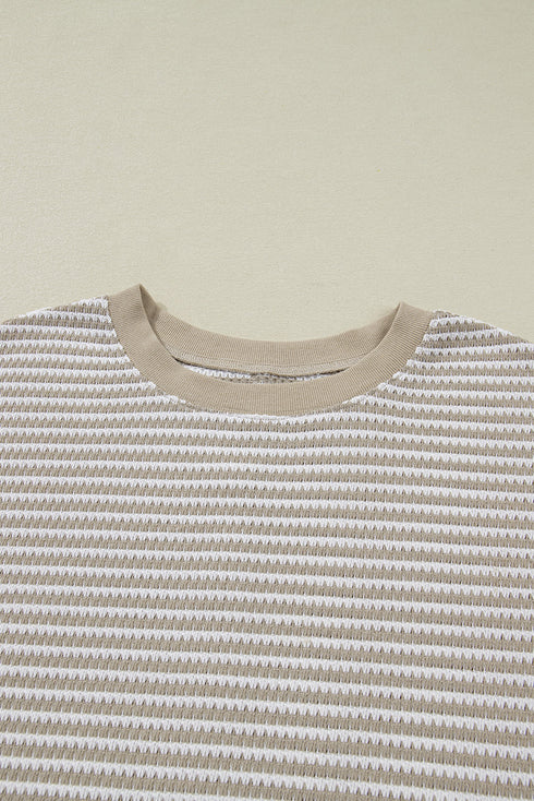 Stripe Patchwork Waffle Knit Ribbed Trim Long Sleeve Top