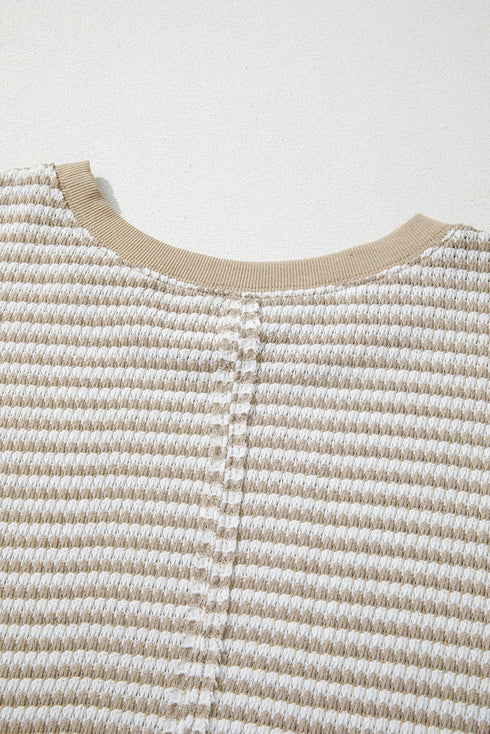 Stripe Patchwork Waffle Knit Ribbed Trim Long Sleeve Top