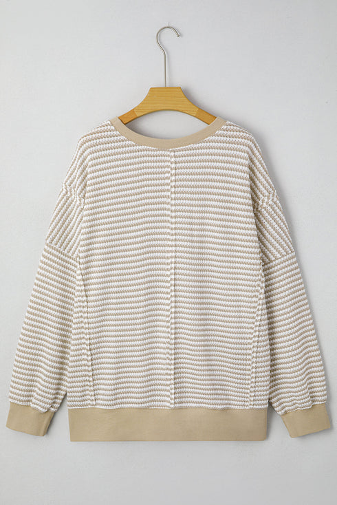 Stripe Patchwork Waffle Knit Ribbed Trim Long Sleeve Top