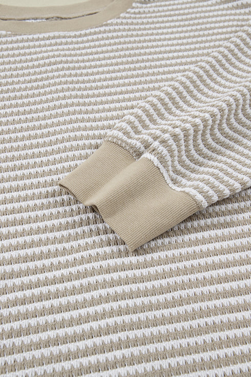 Stripe Patchwork Waffle Knit Ribbed Trim Long Sleeve Top