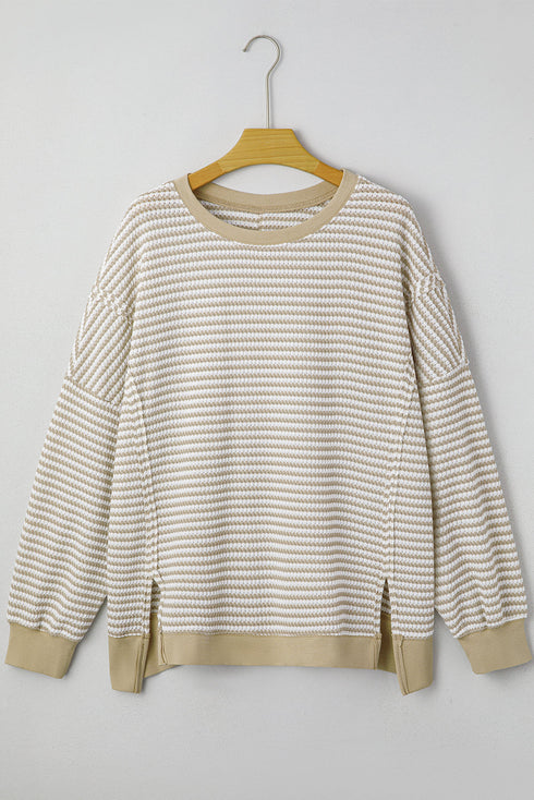 Stripe Patchwork Waffle Knit Ribbed Trim Long Sleeve Top