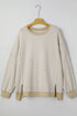 Stripe Patchwork Waffle Knit Ribbed Trim Long Sleeve Top