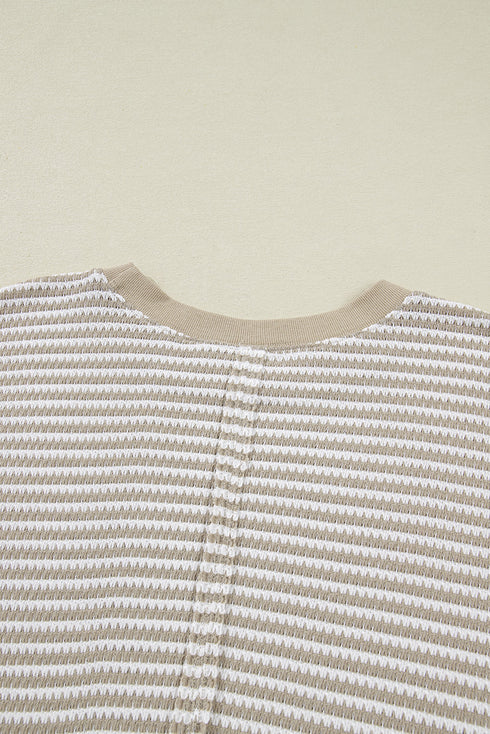 Stripe Patchwork Waffle Knit Ribbed Trim Long Sleeve Top