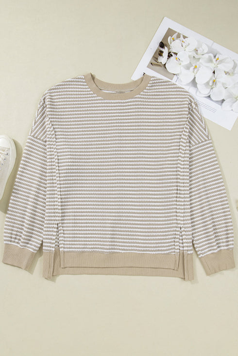 Stripe Patchwork Waffle Knit Ribbed Trim Long Sleeve Top
