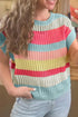 Stripe Pattern Hollow Out Knit Short Sleeve Sweater