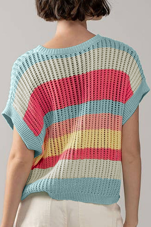 Stripe Pattern Hollow Out Knit Short Sleeve Sweater